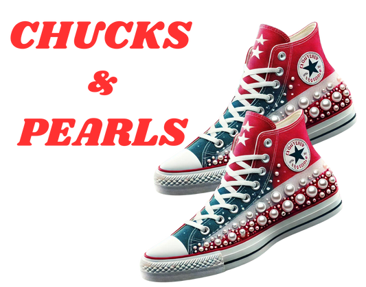 KAMALA HARRIS  - CHUCKS AND PEARLS RED TSHIRT